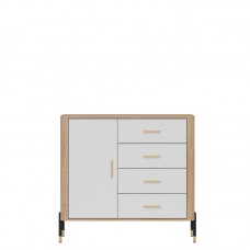 Kumode ar atvilknēm un durvīm DANTE DT08, Ozols cremona/Balts matēts/Zelts